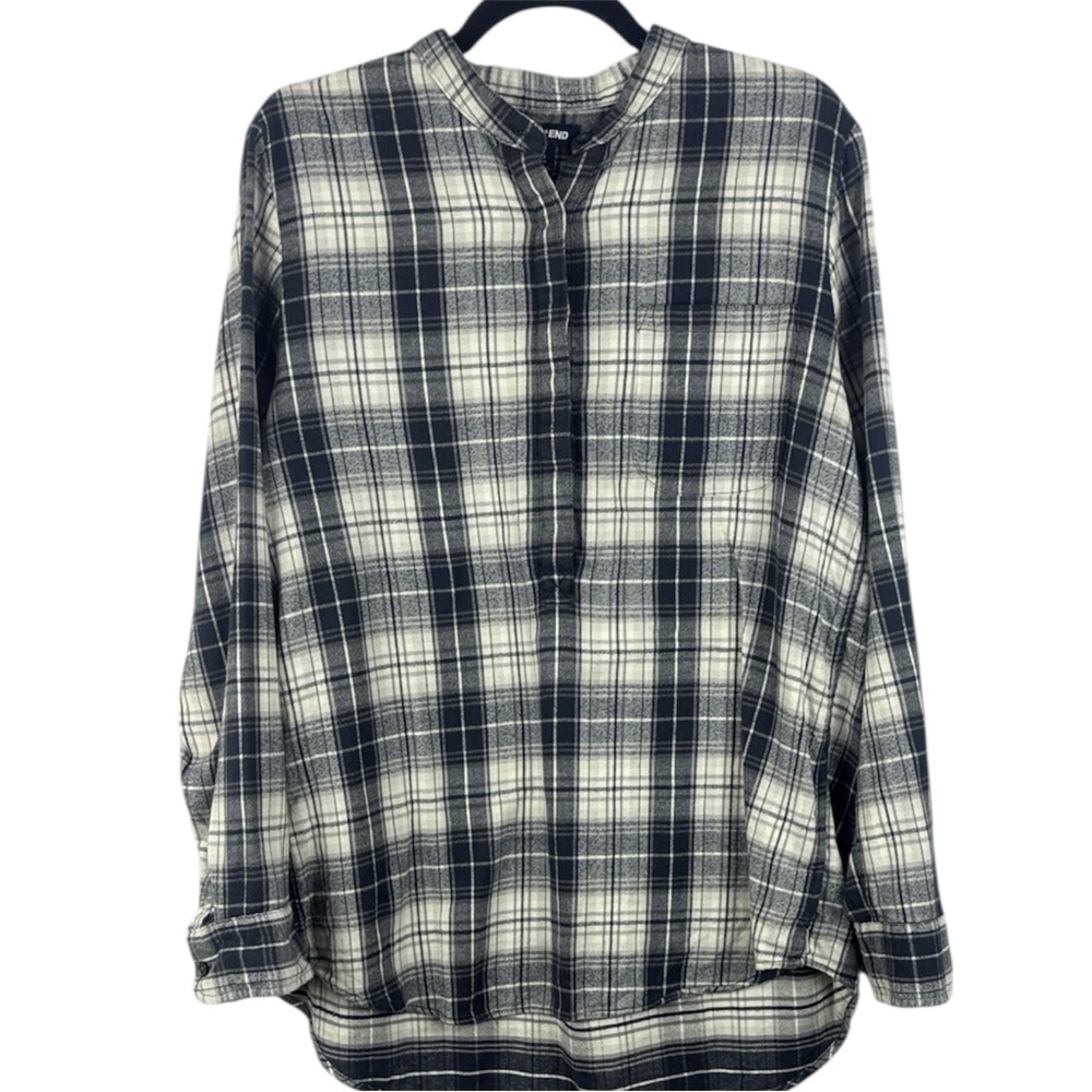 Lands' End Classic Flannel Black White Plaid Band Collar Long Sleeve Med Shirt